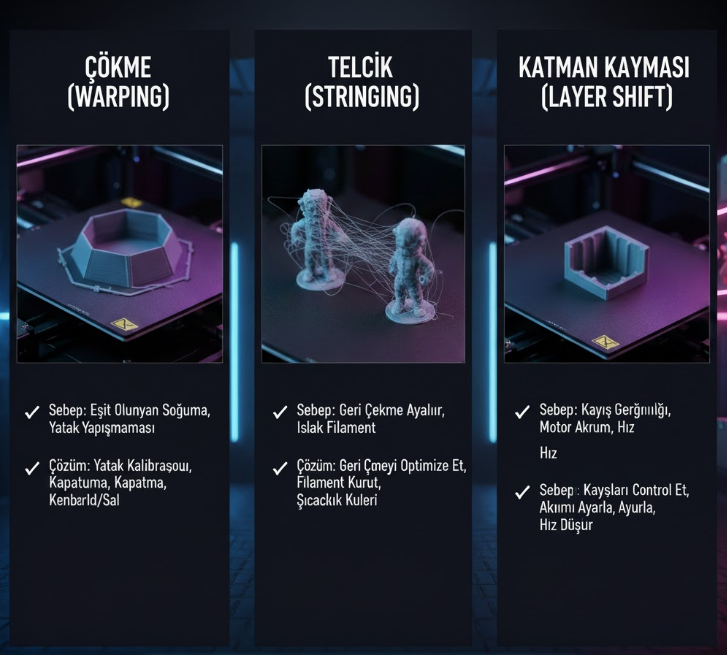 3D Yazıcılarda Baskı Hataları ve Çözümleri: Warping, Stringing, Layer Shift Rehberi (2025)